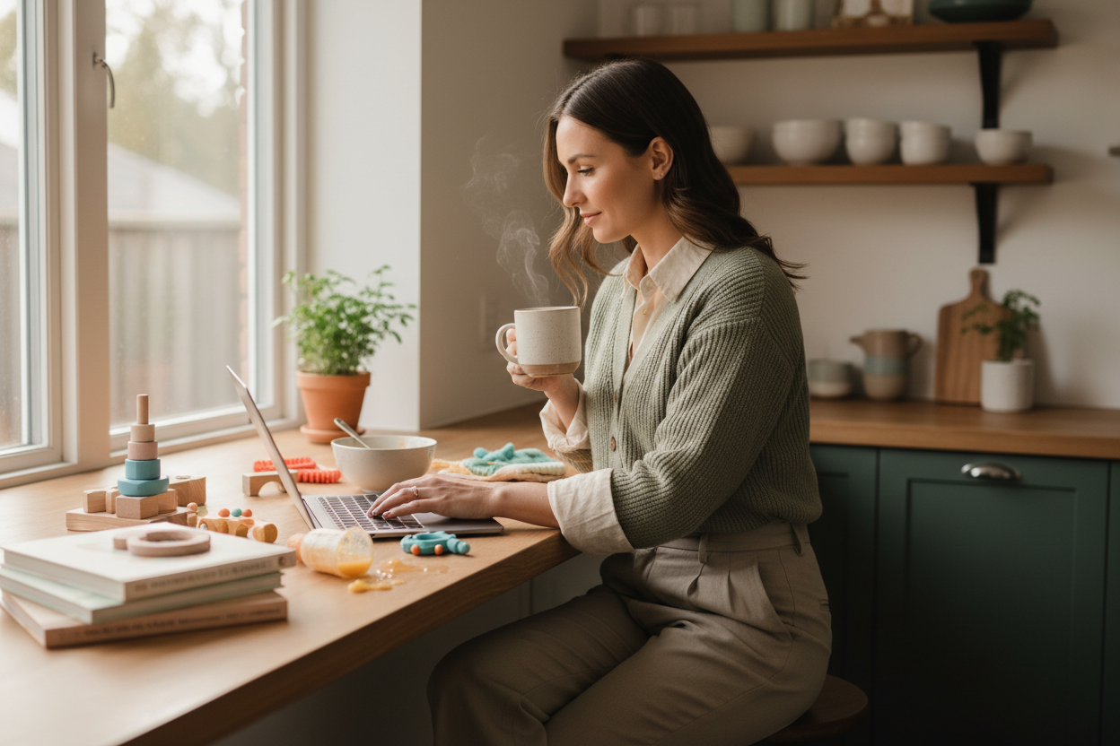 A mother working on her business with quiet determination — sensing the hope in the early stages of entrepreneurship